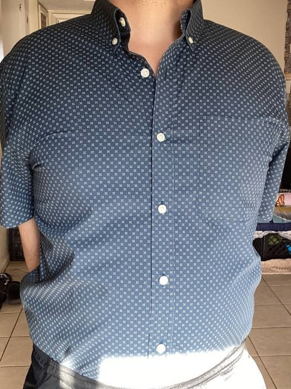 Banana Republic Navy Blue Short Sleeve Button-Up with Micro Dot Pattern